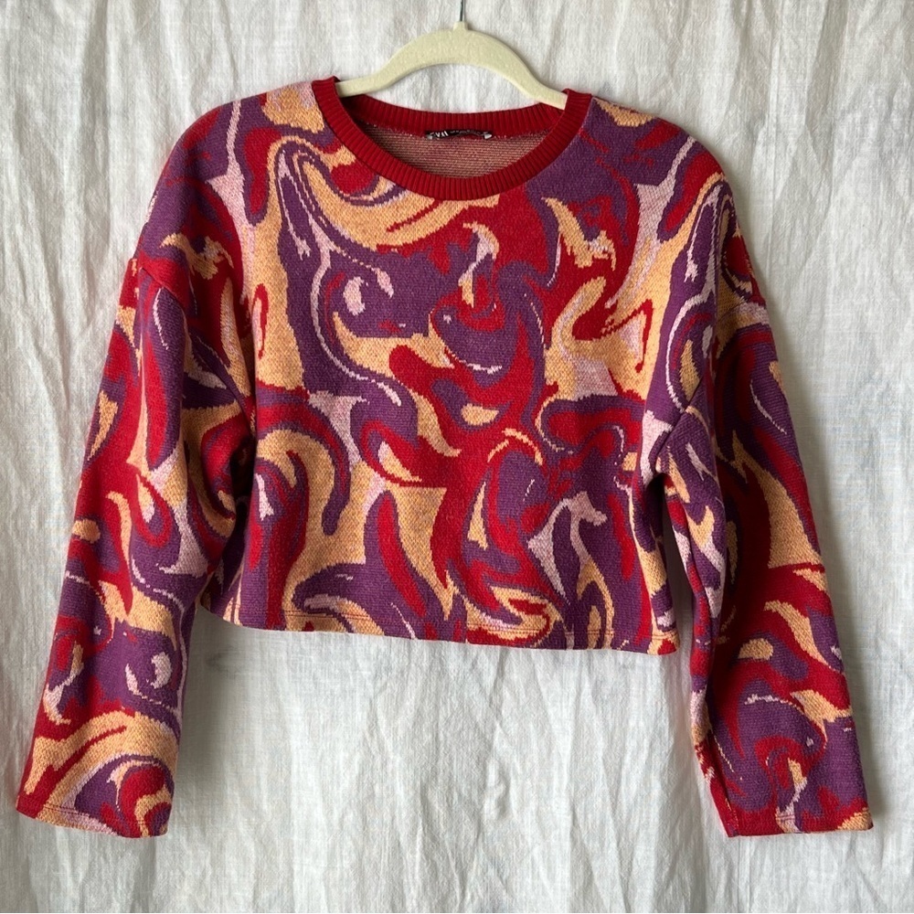 Zara Women's Jacquard knit sweater geo print Sz Medium Cropped